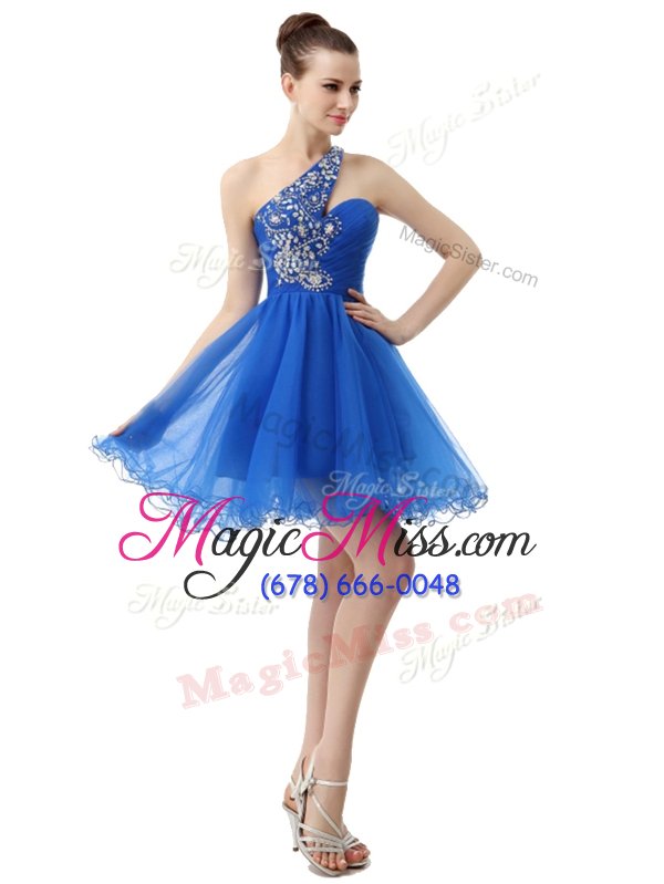 wholesale high quality knee length blue prom evening gown one shoulder sleeveless criss cross