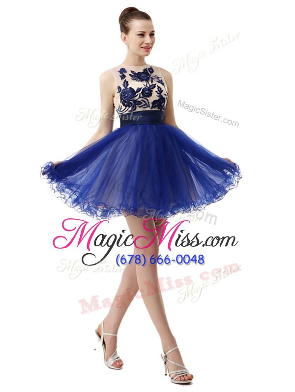 wholesale low price scoop royal blue sleeveless knee length appliques clasp handle homecoming dress