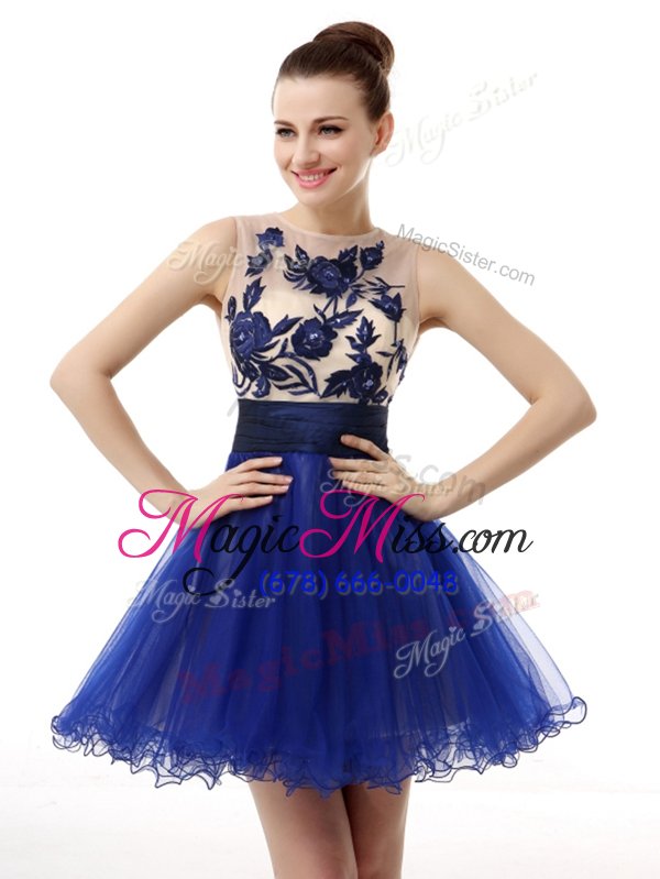 wholesale low price scoop royal blue sleeveless knee length appliques clasp handle homecoming dress