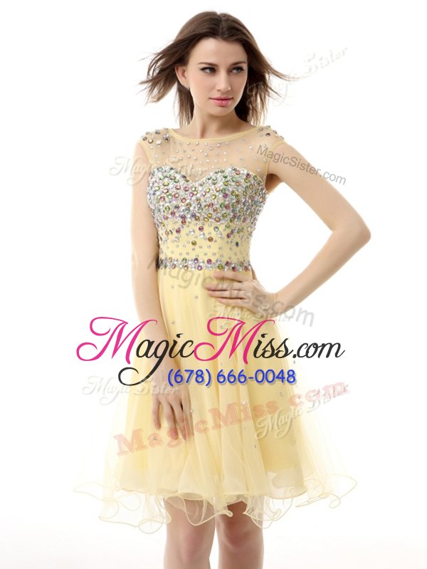 wholesale nice sleeveless organza knee length zipper prom party dress in light yellow for with beading