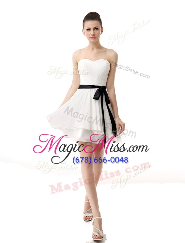 wholesale excellent white chiffon lace up prom dress sleeveless knee length sashes|ribbons