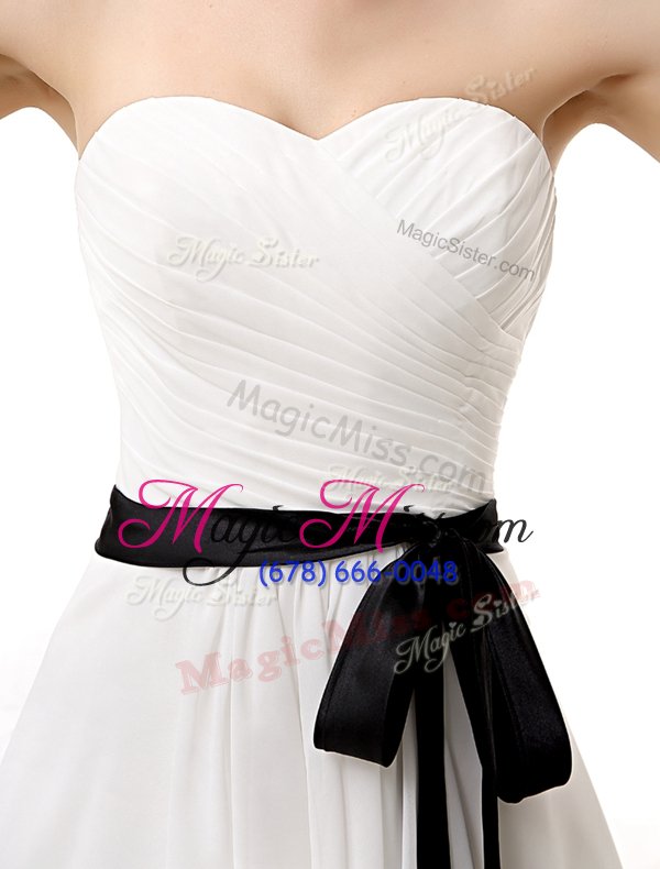 wholesale excellent white chiffon lace up prom dress sleeveless knee length sashes|ribbons