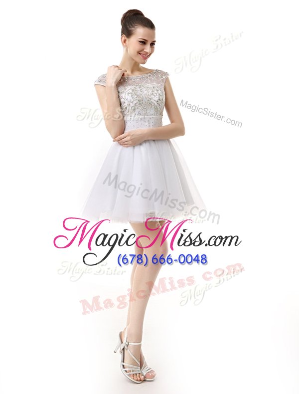 wholesale modest white a-line scoop cap sleeves organza mini length zipper beading and ruching cocktail dresses