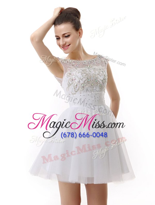 wholesale modest white a-line scoop cap sleeves organza mini length zipper beading and ruching cocktail dresses
