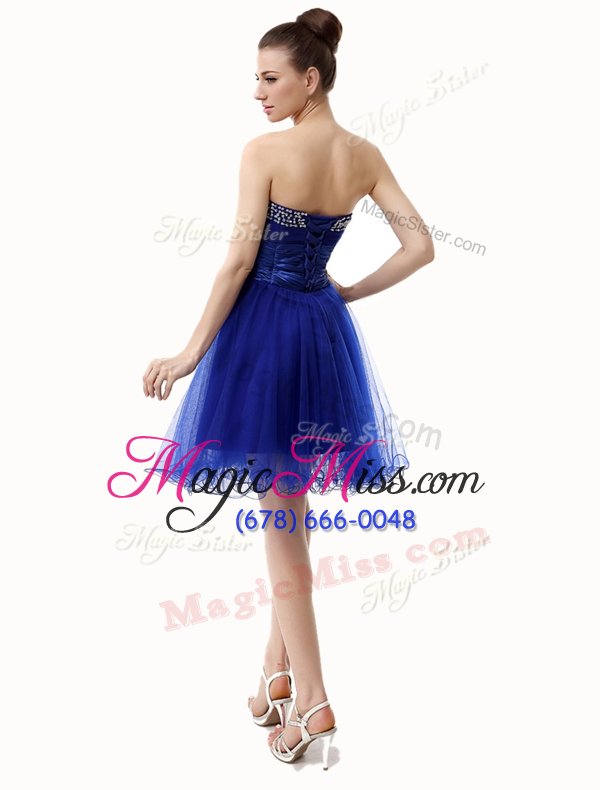 wholesale sequins ruffled knee length royal blue prom dress sweetheart sleeveless lace up