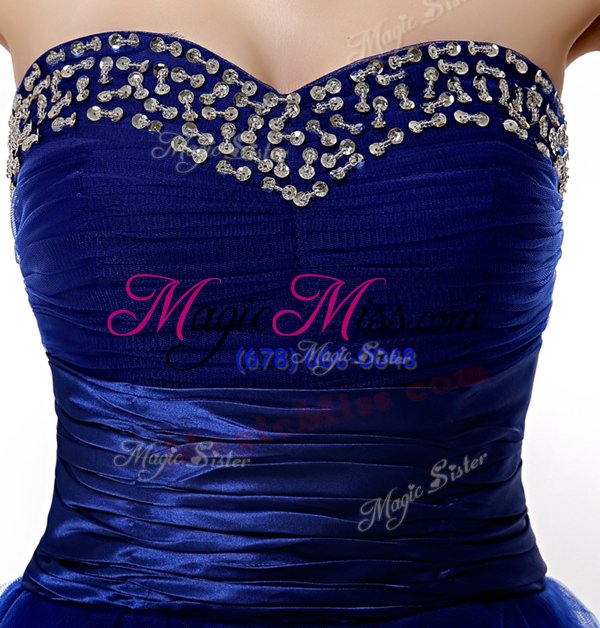 wholesale sequins ruffled knee length royal blue prom dress sweetheart sleeveless lace up