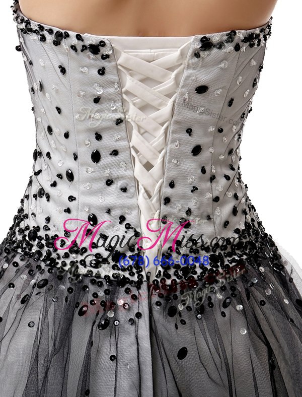 wholesale unique sweetheart sleeveless party dress for girls knee length beading and ruffled layers and ruching white and black organza