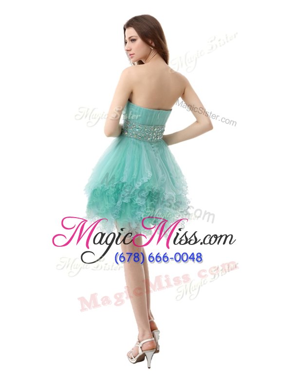 wholesale unique sweetheart sleeveless prom dresses mini length beading and ruffled layers turquoise organza