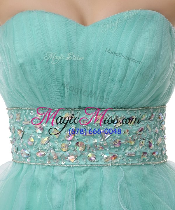 wholesale unique sweetheart sleeveless prom dresses mini length beading and ruffled layers turquoise organza