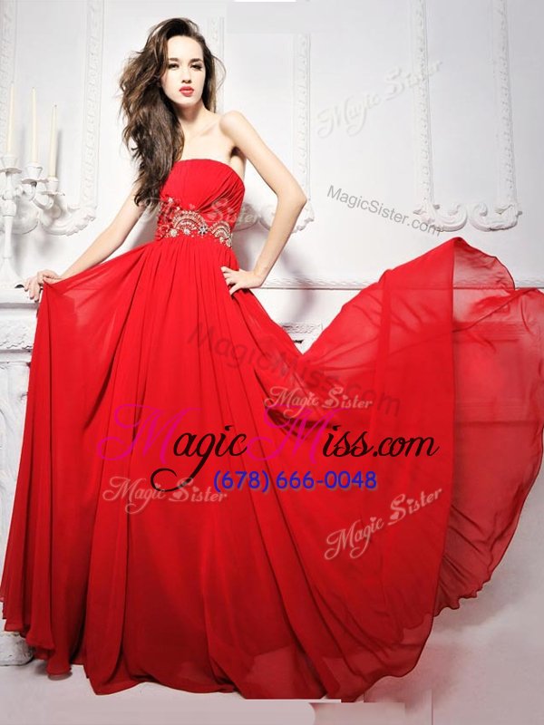 wholesale dazzling beading and ruching red lace up sleeveless with brush train