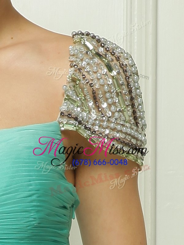wholesale pretty turquoise zipper beading and ruching cap sleeves