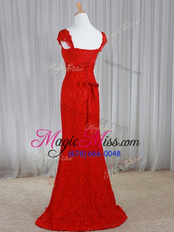 wholesale colorful brush train column/sheath prom dresses red sweetheart lace cap sleeves with train lace up