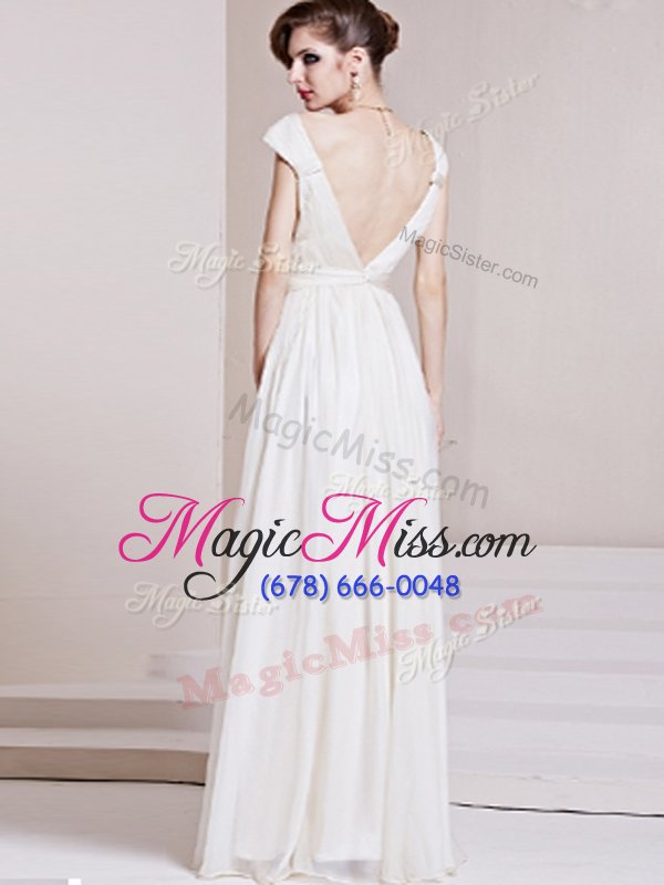 wholesale best v-neck cap sleeves backless prom party dress white chiffon