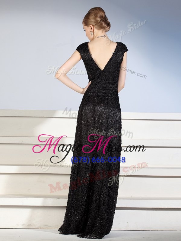 wholesale comfortable black column/sheath beading and lace mother of the bride dress side zipper lace cap sleeves with train