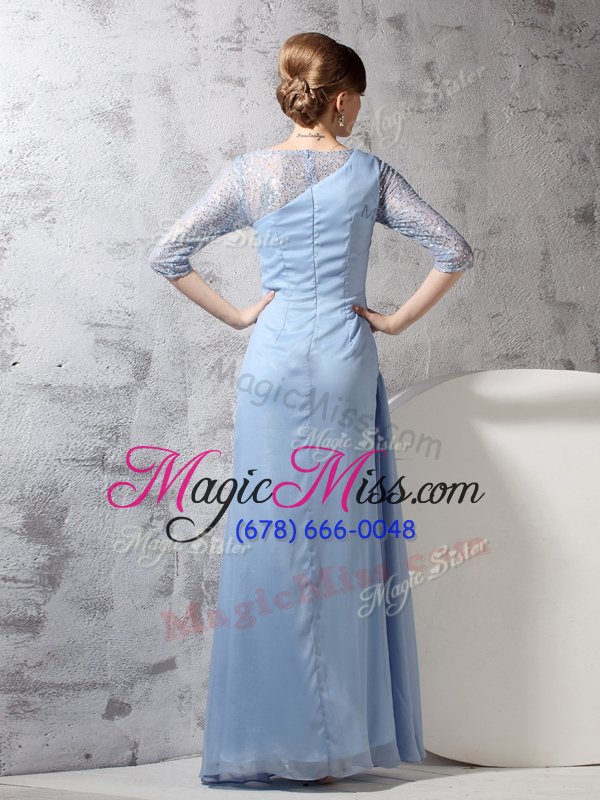 wholesale fine scoop half sleeves zipper prom dress light blue chiffon