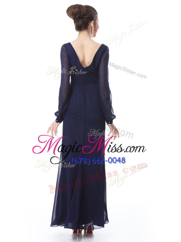 wholesale sumptuous navy blue column/sheath organza v-neck long sleeves ruching ankle length side zipper prom dresses