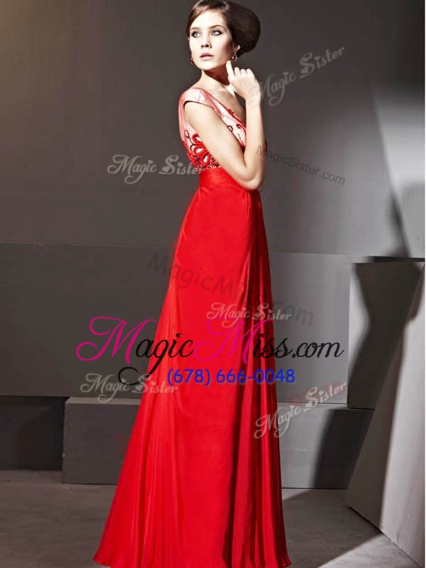 wholesale noble red v-neck zipper beading and appliques and ruching prom dress cap sleeves