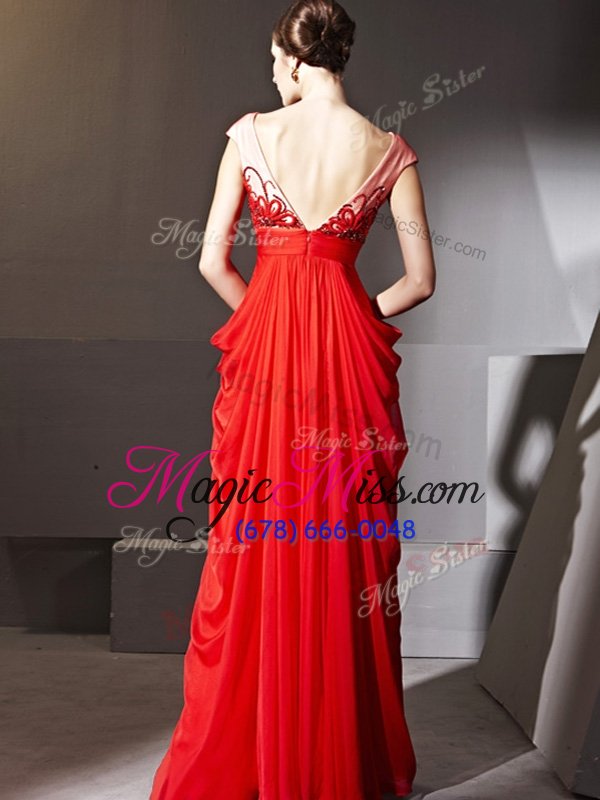 wholesale noble red v-neck zipper beading and appliques and ruching prom dress cap sleeves