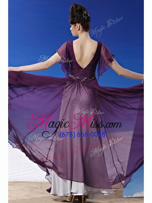 wholesale super dark purple column/sheath v-neck short sleeves chiffon ankle length side zipper beading and ruching homecoming dress