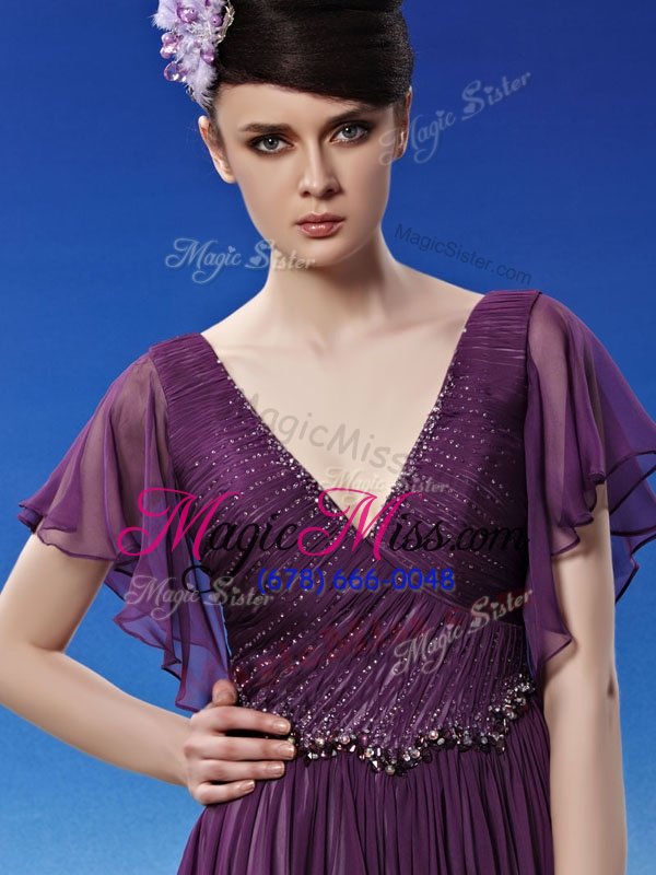 wholesale super dark purple column/sheath v-neck short sleeves chiffon ankle length side zipper beading and ruching homecoming dress