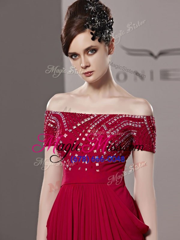 wholesale custom design column/sheath pageant dresses red off the shoulder chiffon short sleeves floor length zipper