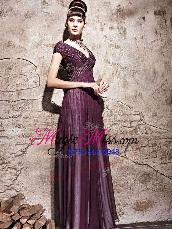 wholesale stunning burgundy column/sheath chiffon v-neck cap sleeves beading and ruching floor length side zipper going out dresses