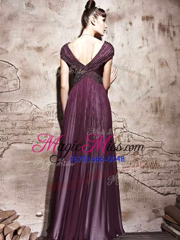 wholesale stunning burgundy column/sheath chiffon v-neck cap sleeves beading and ruching floor length side zipper going out dresses