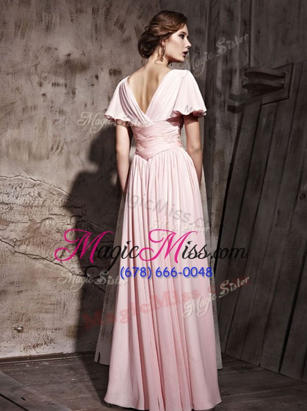 wholesale pink prom dress prom and party and for with beading and ruching v-neck short sleeves side zipper
