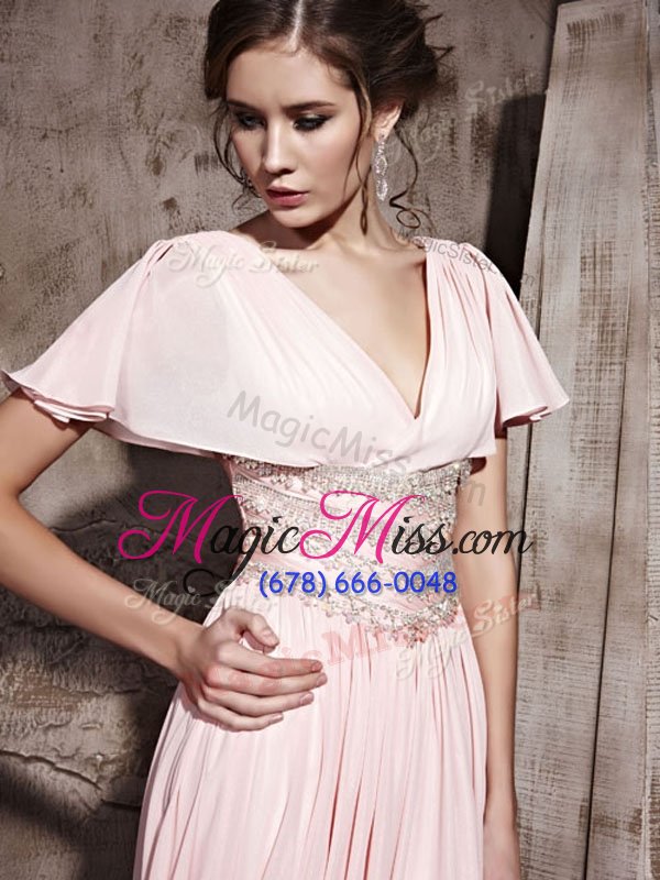wholesale pink prom dress prom and party and for with beading and ruching v-neck short sleeves side zipper