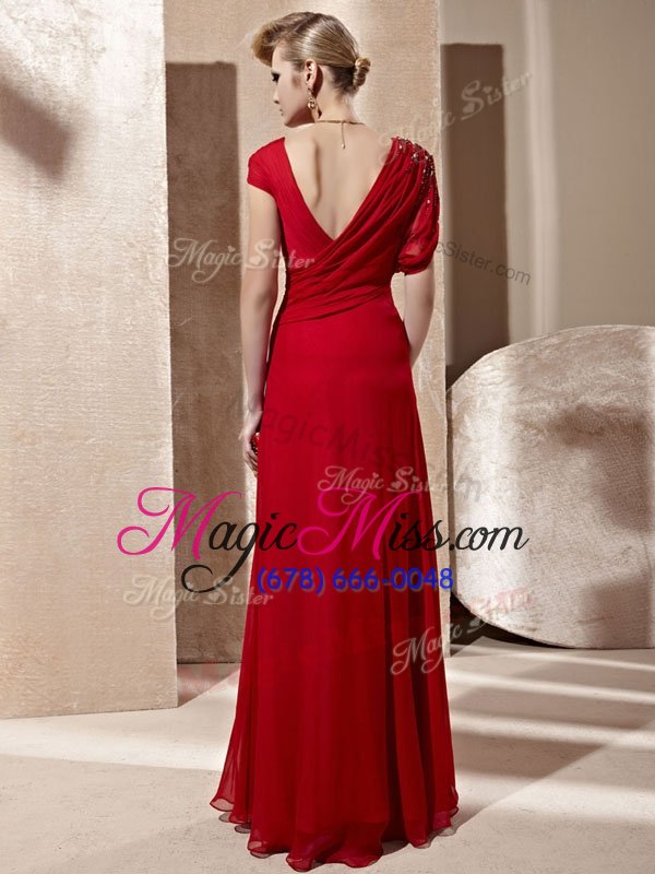 wholesale gorgeous floor length red military ball gowns organza short sleeves beading and ruching