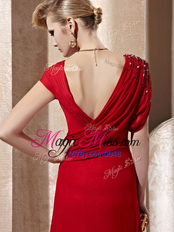 wholesale gorgeous floor length red military ball gowns organza short sleeves beading and ruching