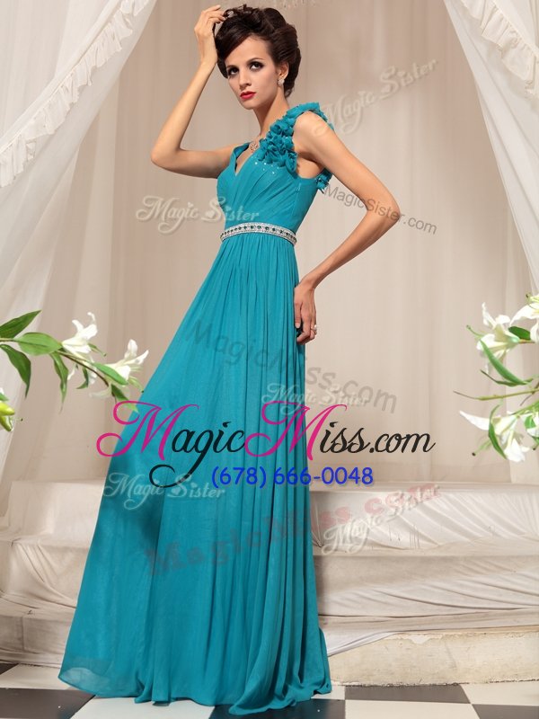 wholesale low price sleeveless chiffon floor length side zipper prom dresses in teal for with ruffles