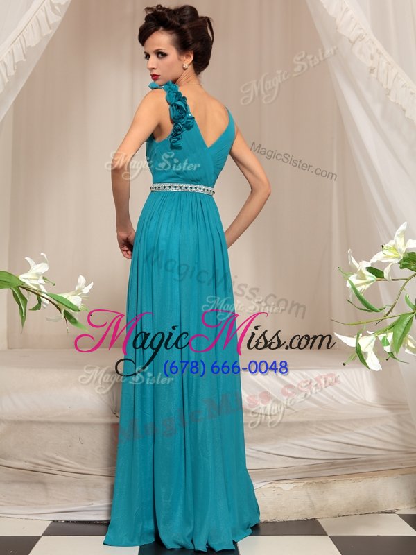 wholesale low price sleeveless chiffon floor length side zipper prom dresses in teal for with ruffles