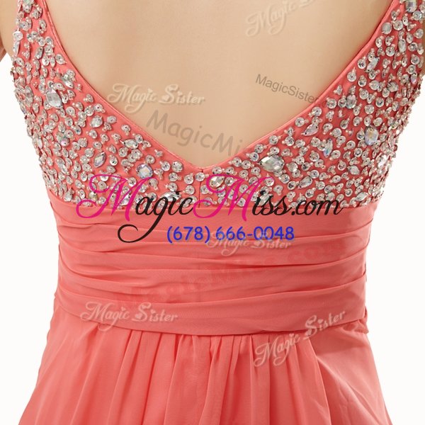wholesale edgy baby pink empire v-neck sleeveless chiffon floor length side zipper beading