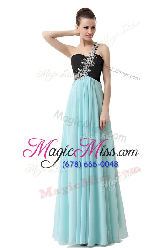 wholesale on sale one shoulder black and baby blue sleeveless floor length beading and ruffles zipper prom evening gown