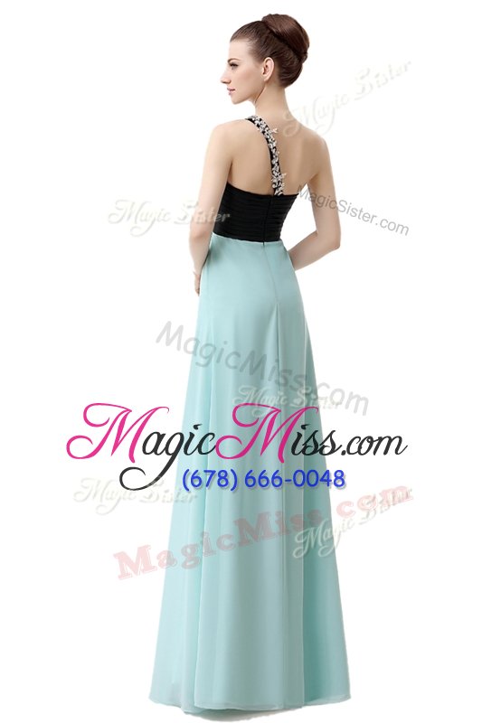wholesale on sale one shoulder black and baby blue sleeveless floor length beading and ruffles zipper prom evening gown