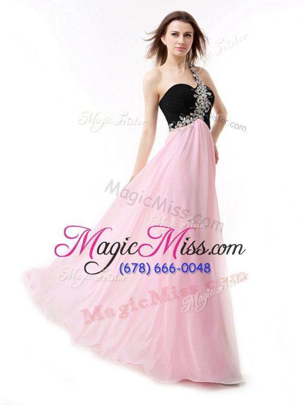 wholesale unique black and baby pink one shoulder neckline beading and appliques and ruffles evening dress sleeveless zipper