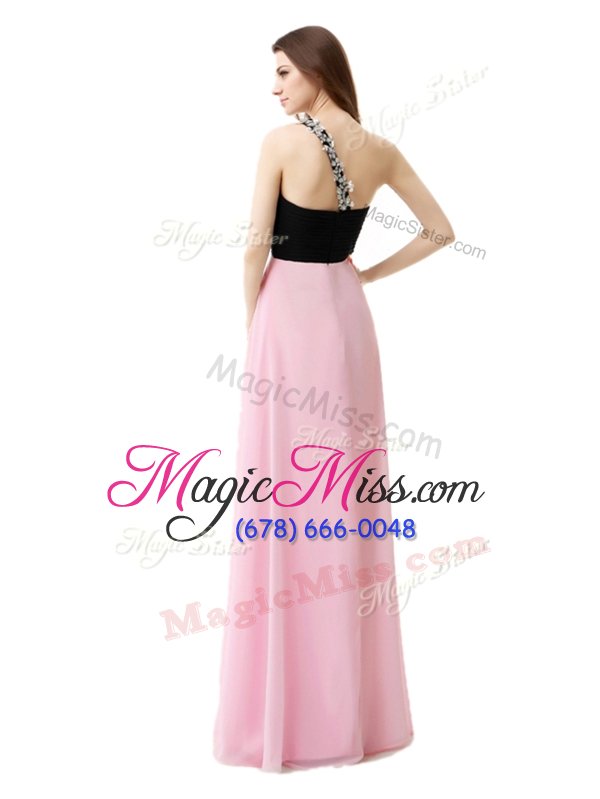 wholesale unique black and baby pink one shoulder neckline beading and appliques and ruffles evening dress sleeveless zipper