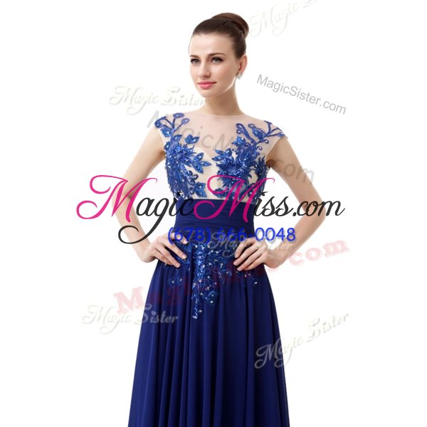 wholesale designer floor length navy blue prom dress high-neck cap sleeves zipper