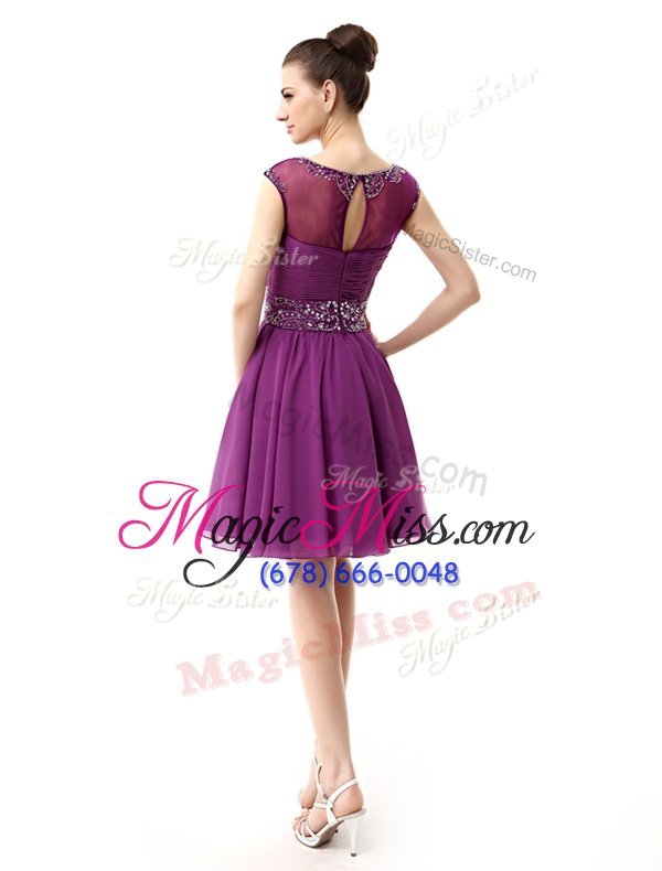 wholesale admirable scoop burgundy a-line beading and ruffles womens party dresses side zipper silk like satin cap sleeves mini length