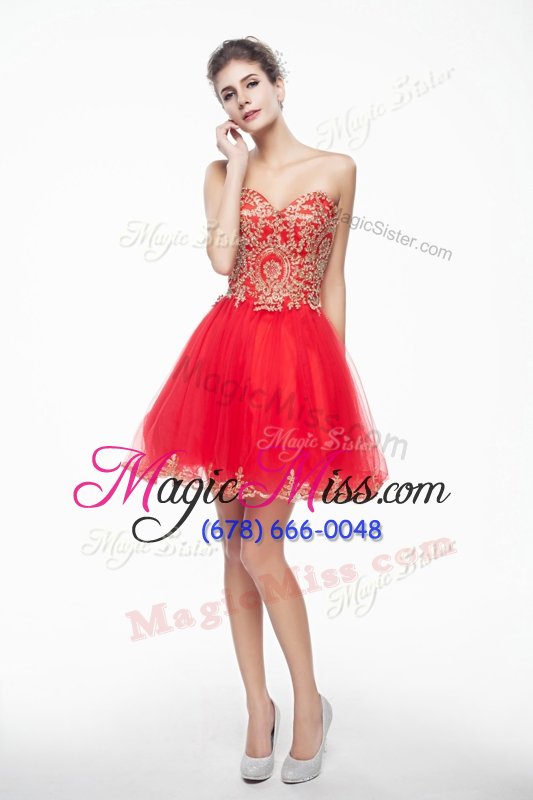 wholesale designer a-line prom gown coral red sweetheart organza sleeveless mini length side zipper