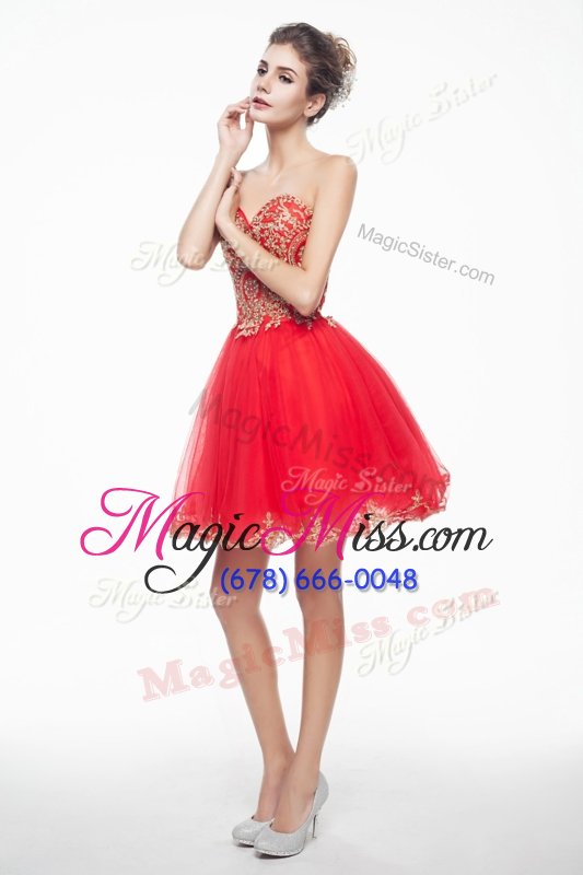 wholesale designer a-line prom gown coral red sweetheart organza sleeveless mini length side zipper