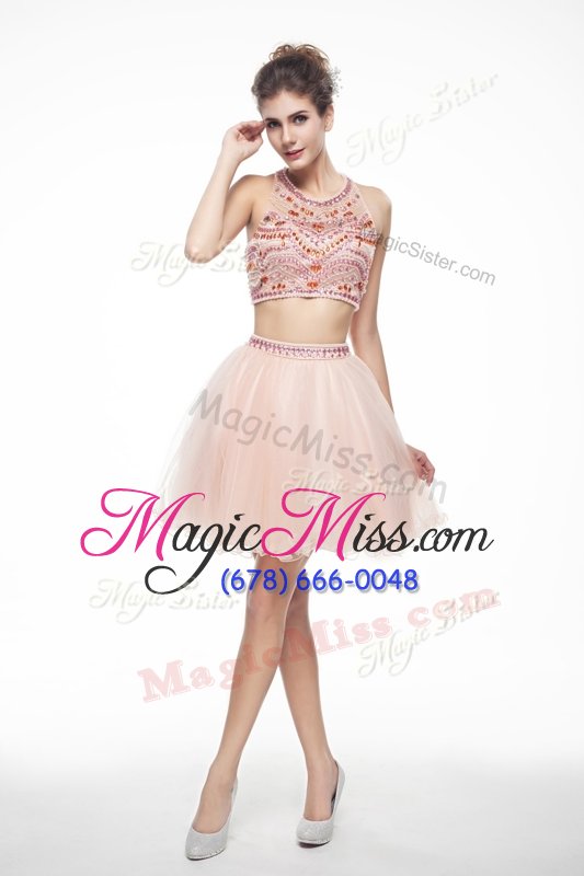 wholesale beautiful scoop peach chiffon backless prom evening gown sleeveless knee length beading