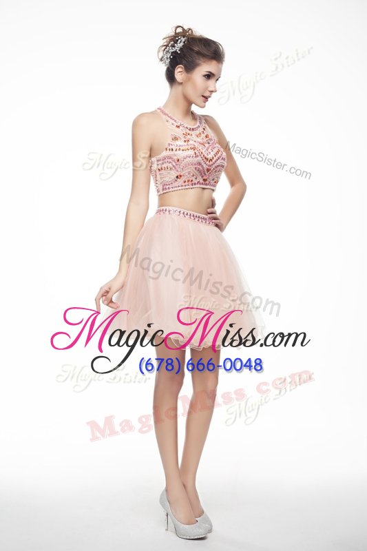 wholesale beautiful scoop peach chiffon backless prom evening gown sleeveless knee length beading