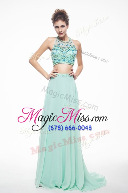 wholesale free and easy scoop sleeveless prom dresses with brush train beading apple green chiffon