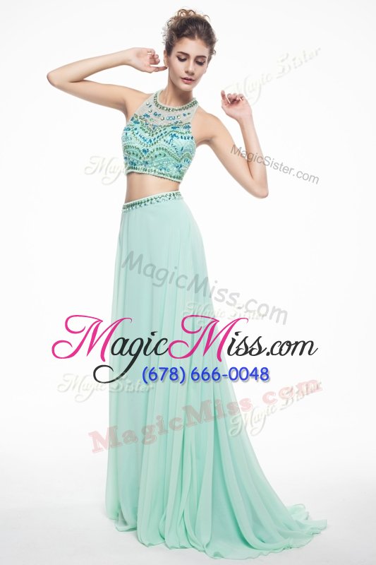 wholesale free and easy scoop sleeveless prom dresses with brush train beading apple green chiffon