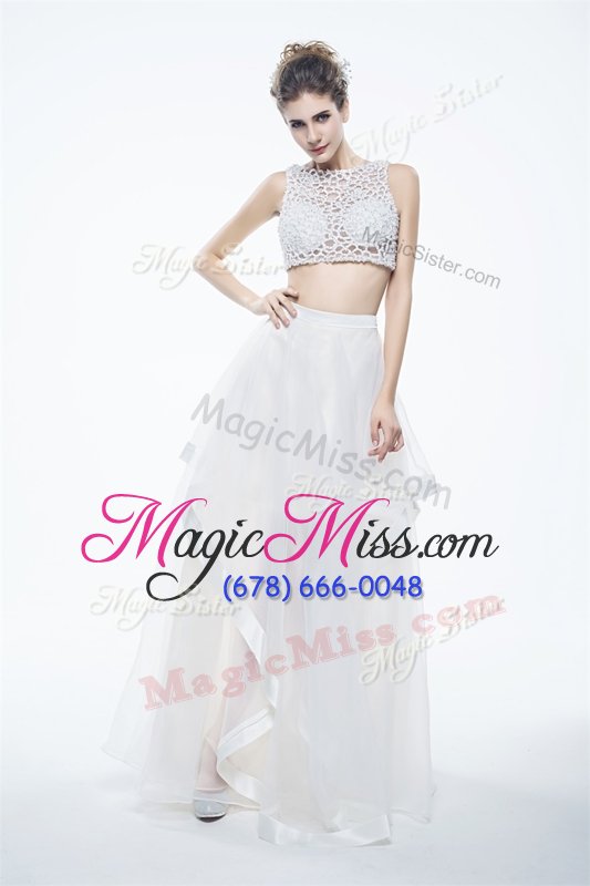 wholesale noble chiffon scoop sleeveless zipper beading and lace prom dresses in white