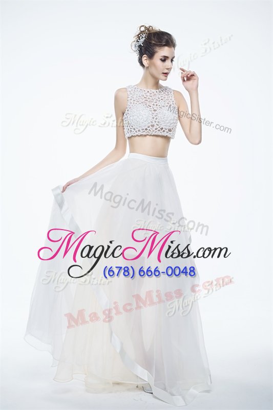 wholesale noble chiffon scoop sleeveless zipper beading and lace prom dresses in white