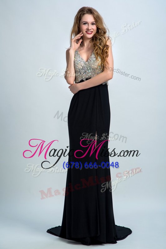 wholesale chic straps sleeveless prom dress with brush train beading black chiffon