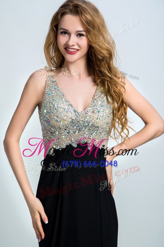 wholesale chic straps sleeveless prom dress with brush train beading black chiffon